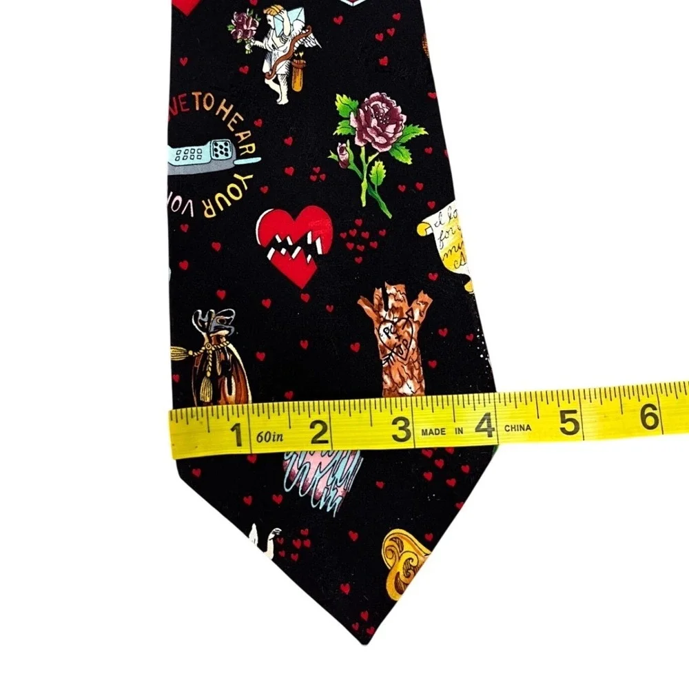 Nicole Miller Silk‎ Tie Mens OS Black 1994 Vintage Love Letters Hearts Valentine